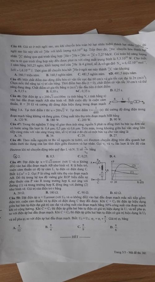 Đề thi THPT quốc gia 2016 môn Vật lý (mã đề 381)