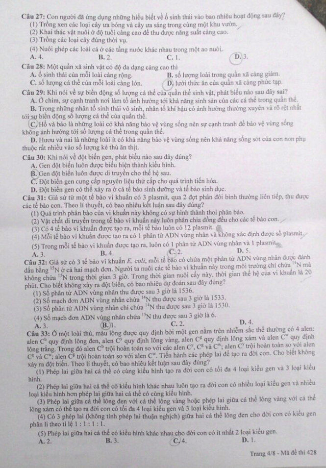 Đề thi THPT quốc gia 2016 môn Sinh họa (mã đề 428)