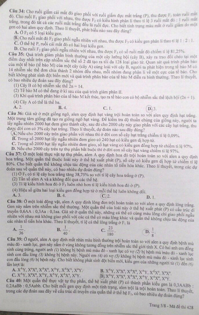 Đề thi THPT quốc gia 2016 môn Sinh họa (mã đề 428)