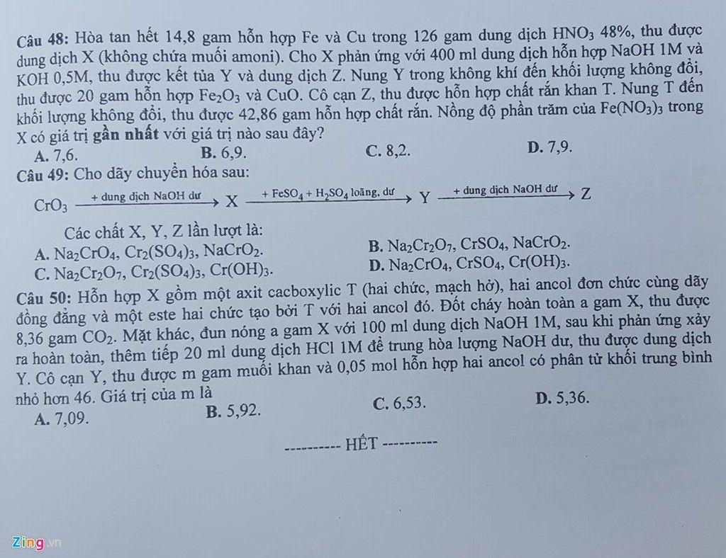 Đề thi môn Hóa học THPT quốc gia 2016 (mã đề 526)