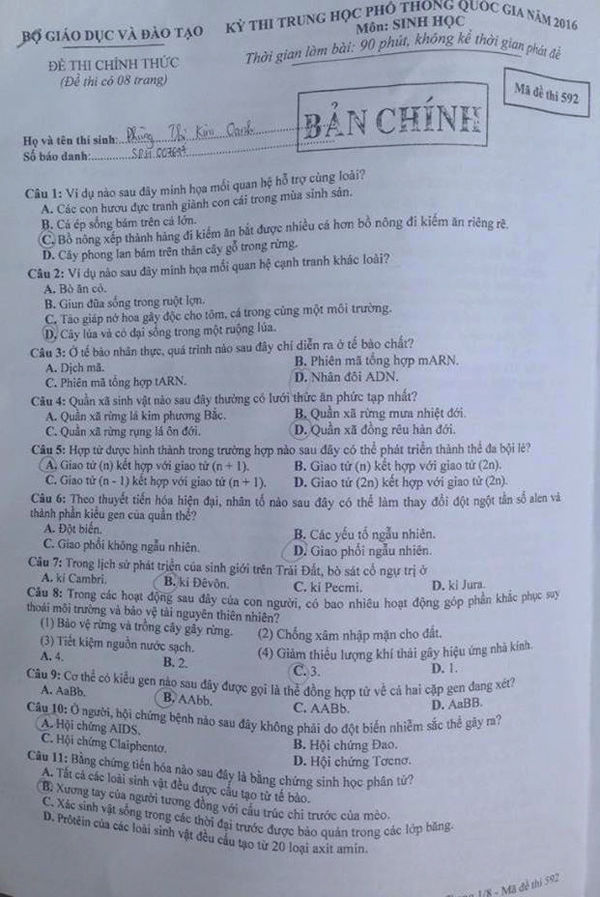 Đề thi THPT quốc gia 2016 môn Sinh họa (mã đề 592)