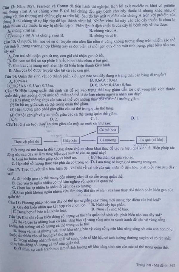 Đề thi THPT quốc gia 2016 môn Sinh họa (mã đề 592)