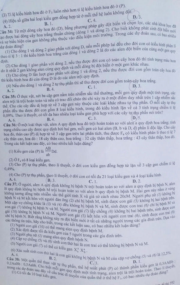 Đề thi THPT quốc gia 2016 môn Sinh họa (mã đề 592)