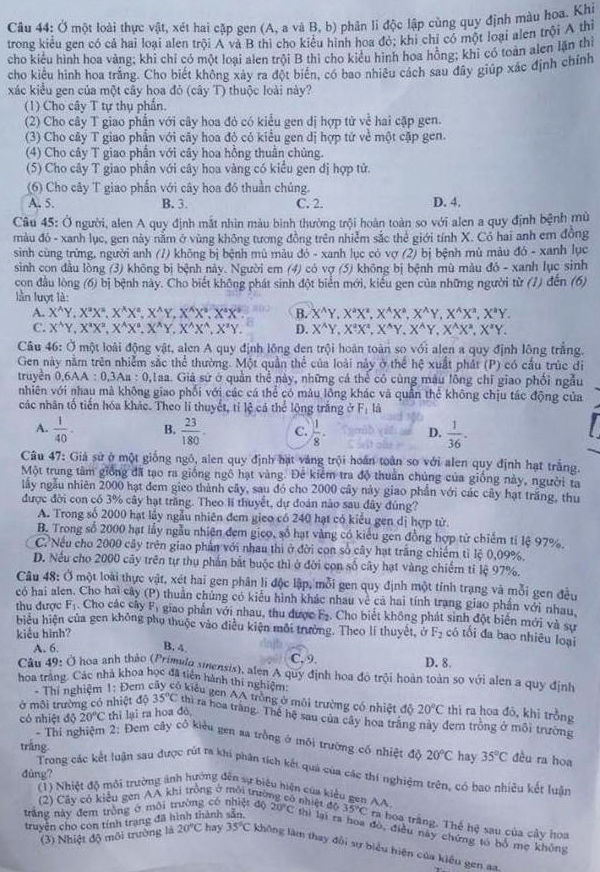 Đề thi THPT quốc gia 2016 môn Sinh họa (mã đề 592)