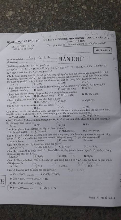 Đề thi THPT quốc gia năm 2016 môn Hóa học (mã đề 814)