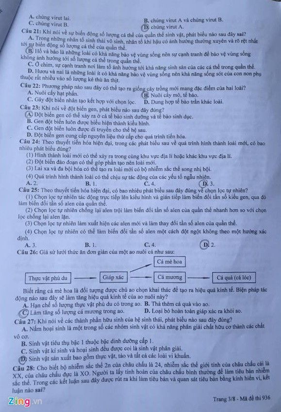 Đề thi THPT quốc gia 2016 môn Sinh họa (mã đề 936)
