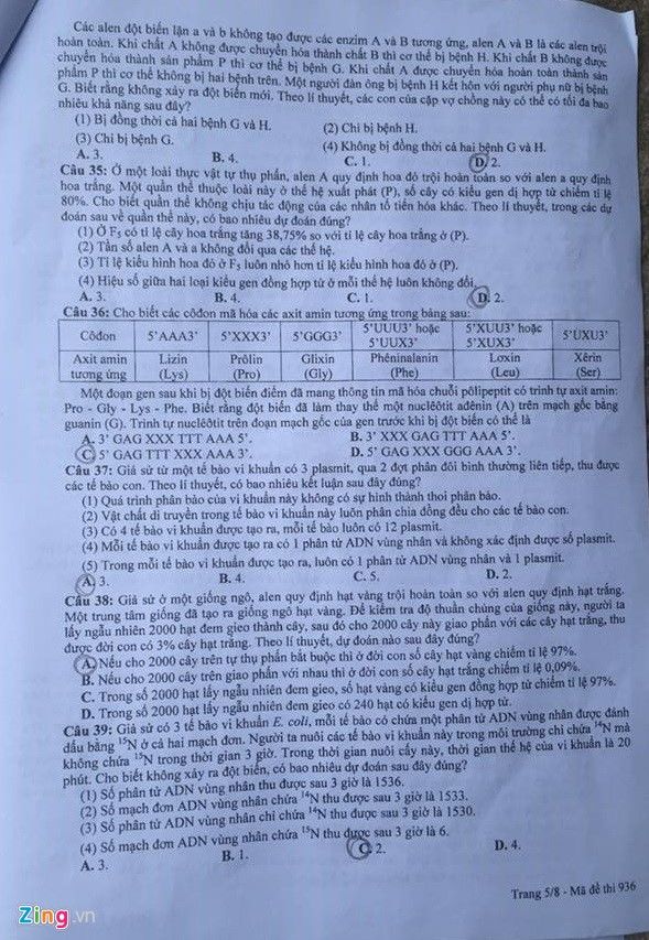 Đề thi THPT quốc gia 2016 môn Sinh họa (mã đề 936)