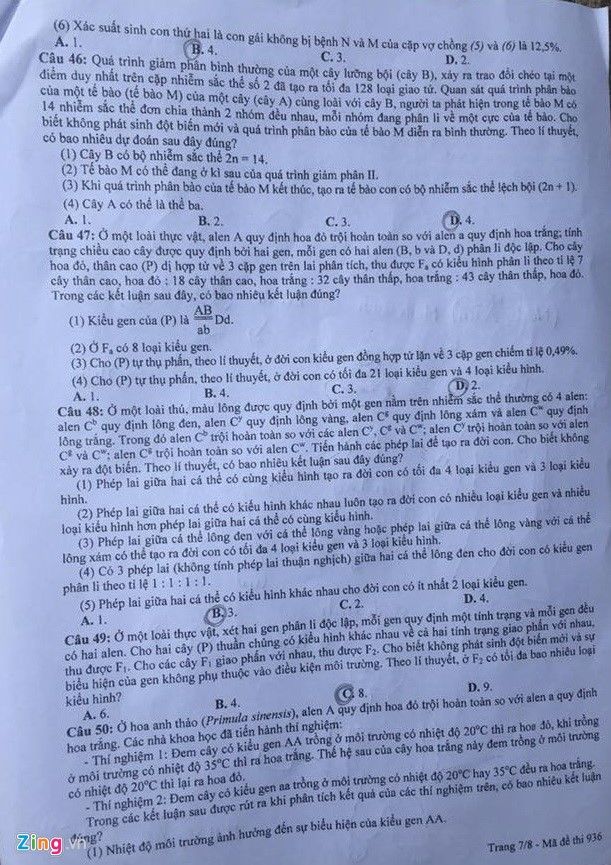 Đề thi THPT quốc gia 2016 môn Sinh họa (mã đề 936)