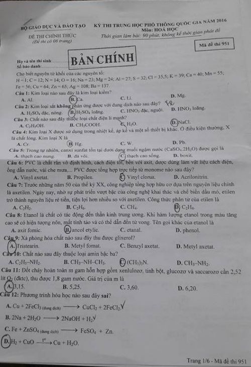 Đề thi THPT quốc gia năm 2016 môn Hóa học (mã đề 951)