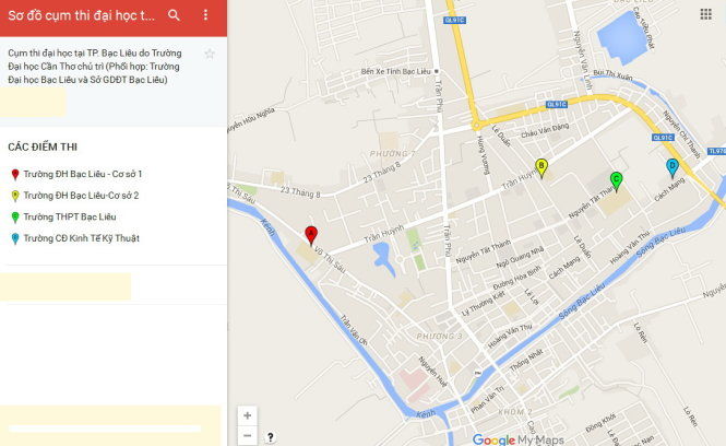 Bản đồ các điểm thi cụm Cần Thơ, Hậu Giang, Bạc Liêu