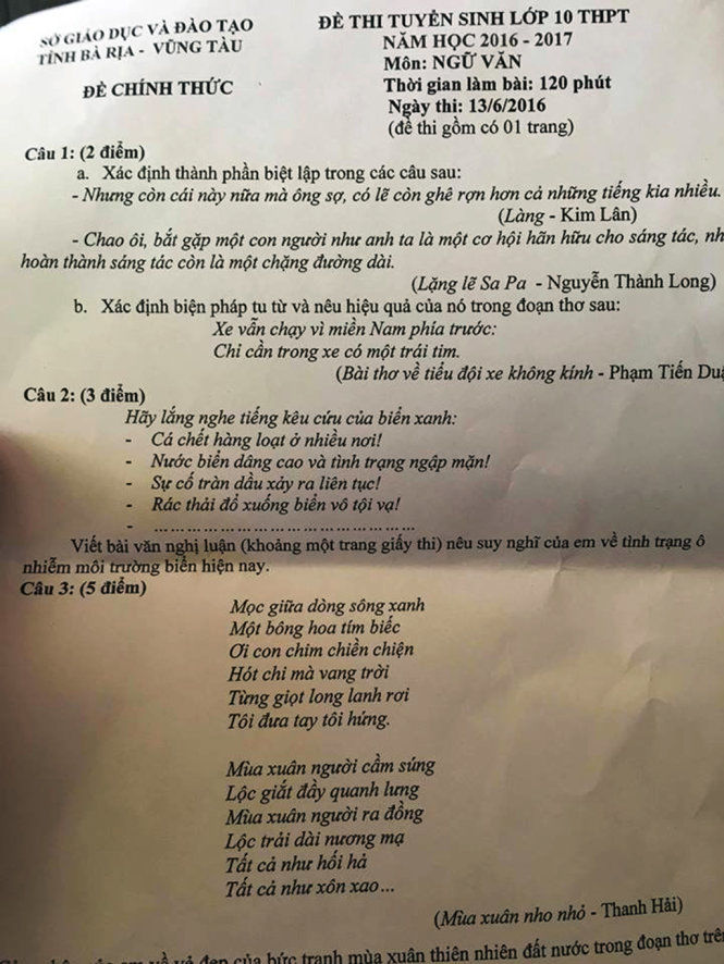 ​Cá chết, xâm nhập mặn, nước biển dâng vào đề thi Văn lớp 10