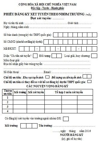 Cách ghi phiếu đăng ký xét tuyển theo nhóm trường