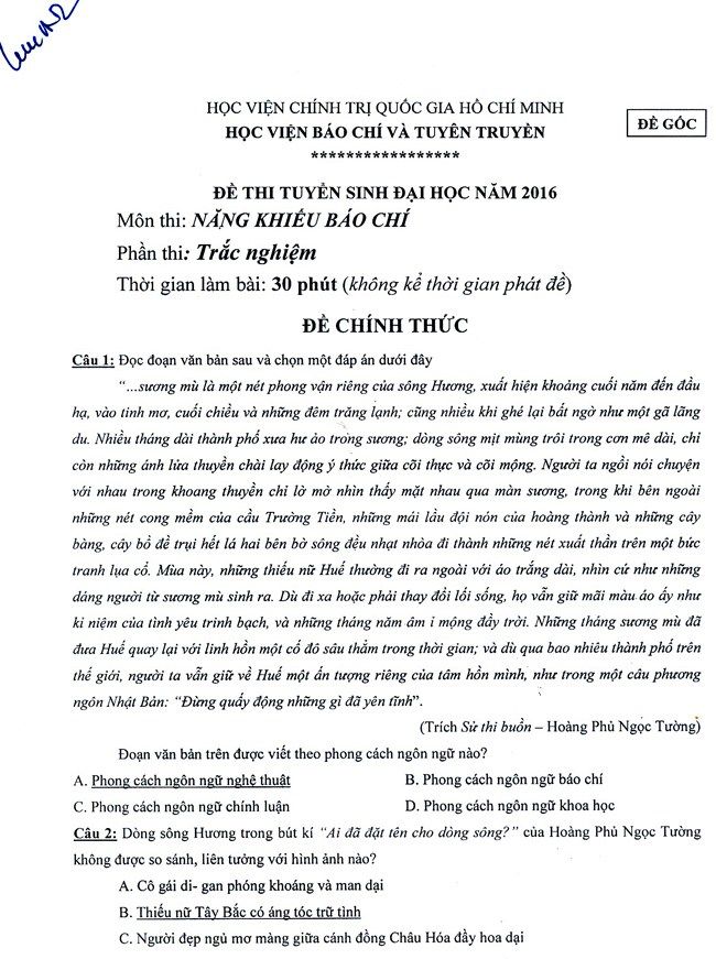 Đáp án đề thi năng khiếu vào Học viện Báo chí tuyên truyền năm 2016