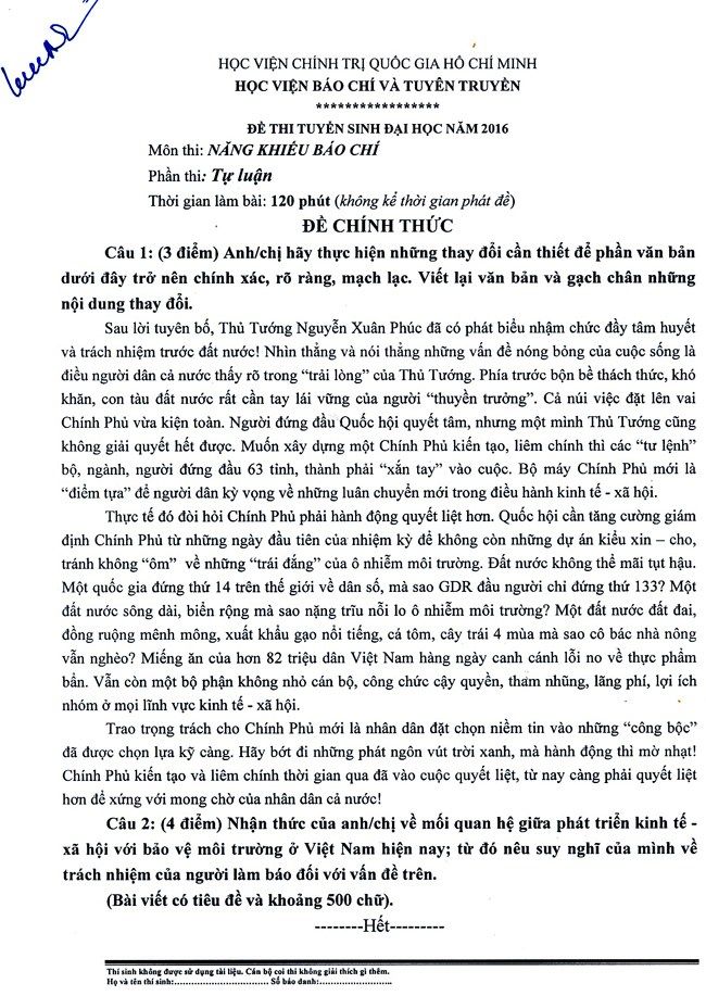 Đáp án đề thi năng khiếu vào Học viện Báo chí tuyên truyền năm 2016Đáp án đề thi năng khiếu vào Học viện Báo chí tuyên truyền năm 2016
