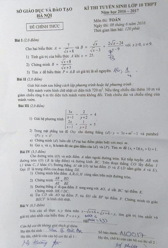 Đáp án môn Toán vào lớp 10 ở Hà Nội