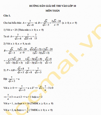 Đáp án môn Toán vào lớp 10 ở Hà Nội