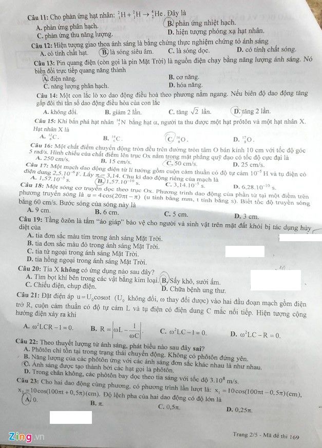 Đề thi môn Vật lý THPT quốc gia năm 2016 (mã đề 169)