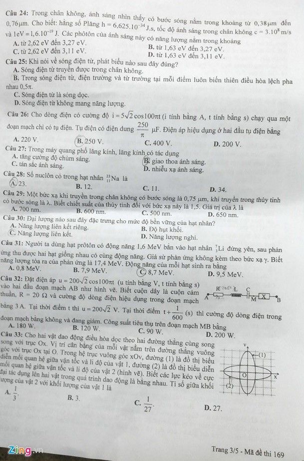 Đề thi môn Vật lý THPT quốc gia năm 2016 (mã đề 169)