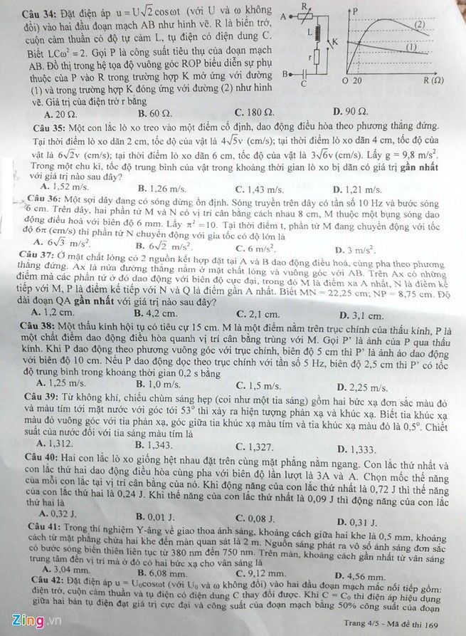 Đề thi môn Vật lý THPT quốc gia năm 2016 (mã đề 169)
