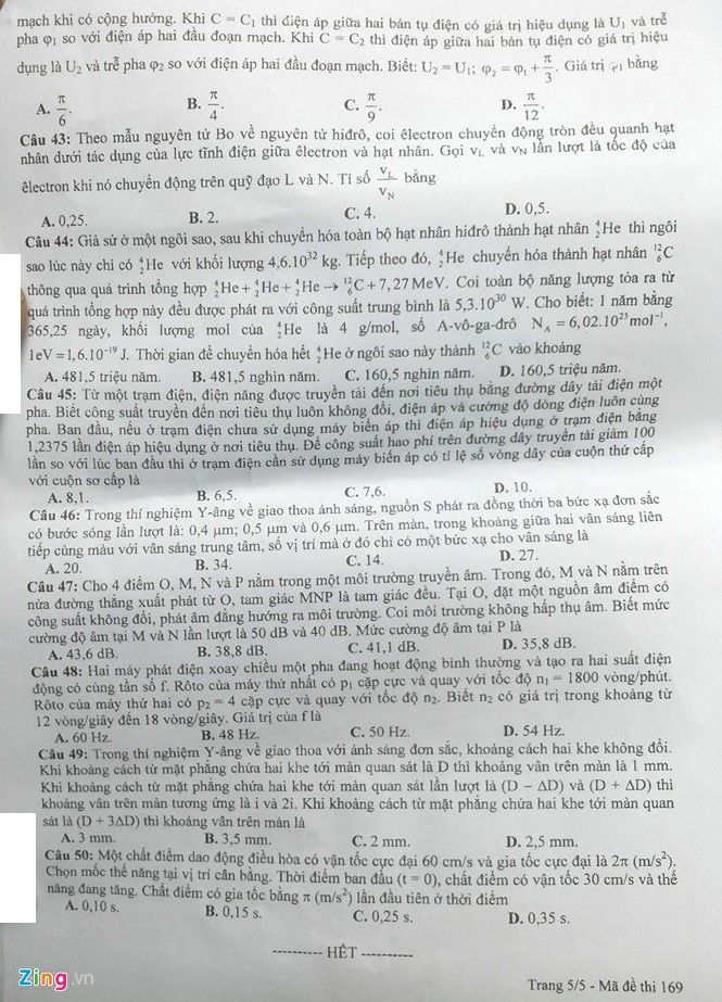 Đề thi môn Vật lý THPT quốc gia năm 2016 (mã đề 169)