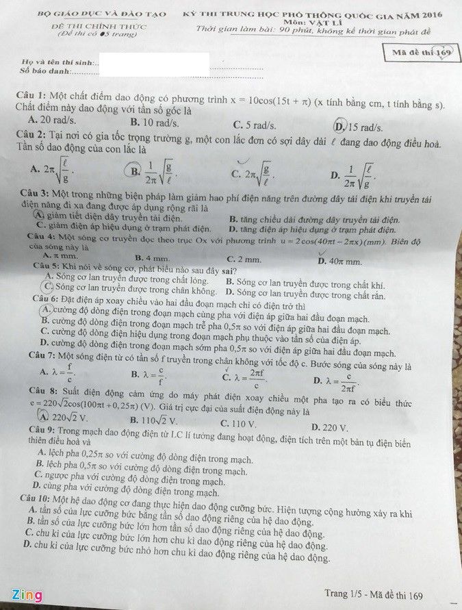 Đề thi môn Vật lý THPT quốc gia năm 2016 (mã đề 169)