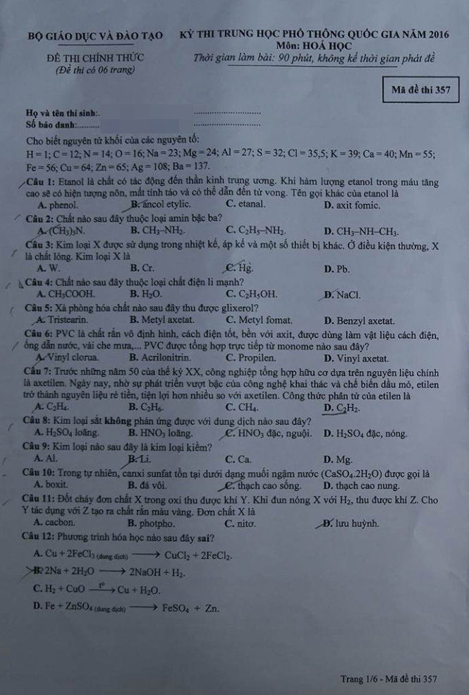 Đề thi môn Hóa tốt nghiệp THPT quốc gia 2016 (mã 357)