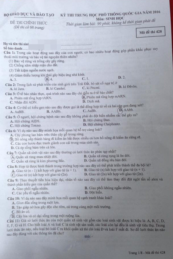 Đề thi THPT quốc gia 2016 môn Sinh họa (mã đề 428)