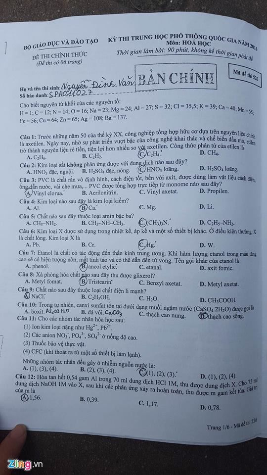 Đề thi môn Hóa học THPT quốc gia 2016 (mã đề 526)