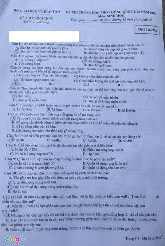 Đề thi THPT quốc gia 2016 môn Sinh họa (mã đề 936)