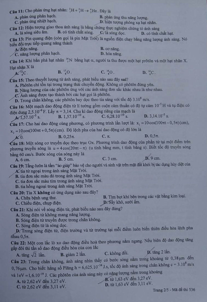 Đề thi Vật lý THPT quốc gia 2016 (mã đề 536)