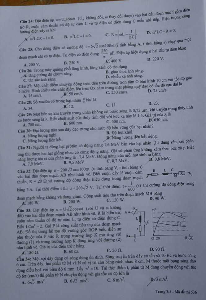 Đề thi Vật lý THPT quốc gia 2016 (mã đề 536)