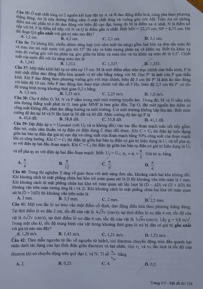 Đề thi Vật lý THPT quốc gia 2016 (mã đề 536)