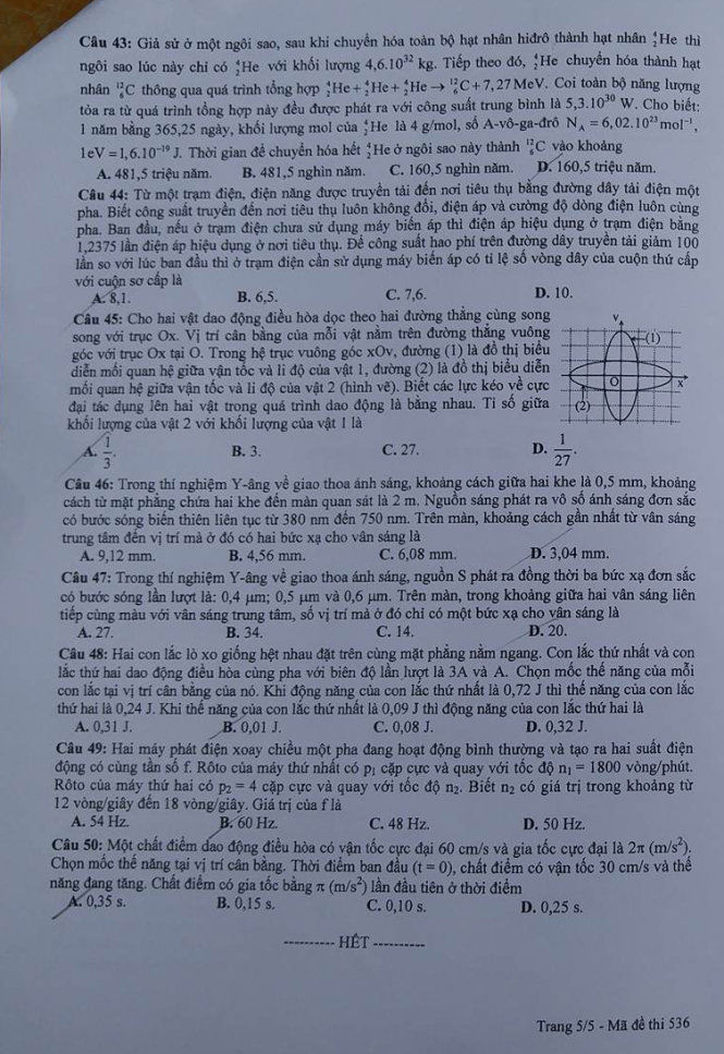 Đề thi Vật lý THPT quốc gia 2016 (mã đề 536)