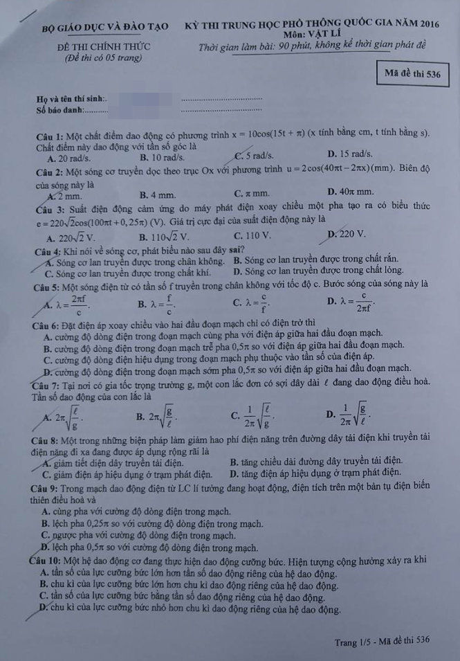 Đề thi Vật lý THPT quốc gia 2016 (mã đề 536)