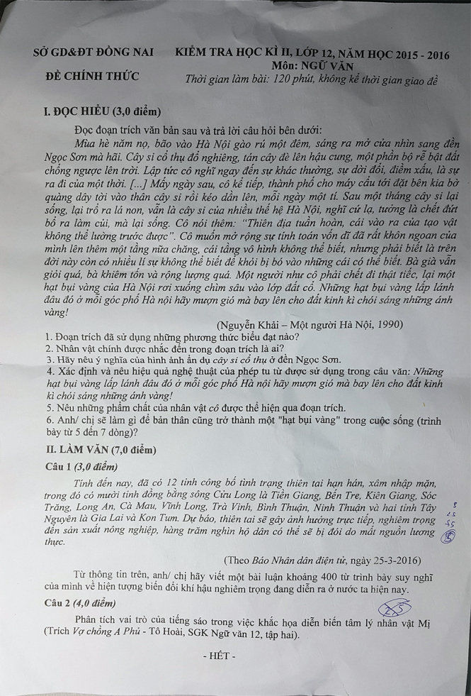 Đề thi lớp 12 môn ngữ văn đưa Bình Thuận xuống... ĐBSCL