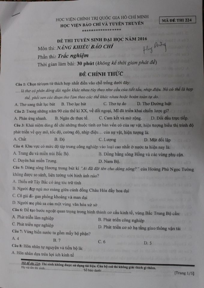 Đề thi năng khiếu vào Học viện Báo chí Tuyên truyền năm 2016