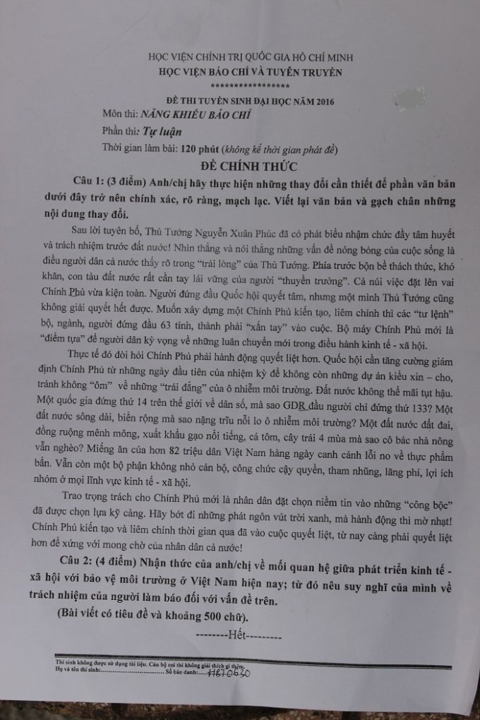 Đề thi môn Năng khiếu Báo chí 2016 Học viện Báo chí và Tuyên truyền