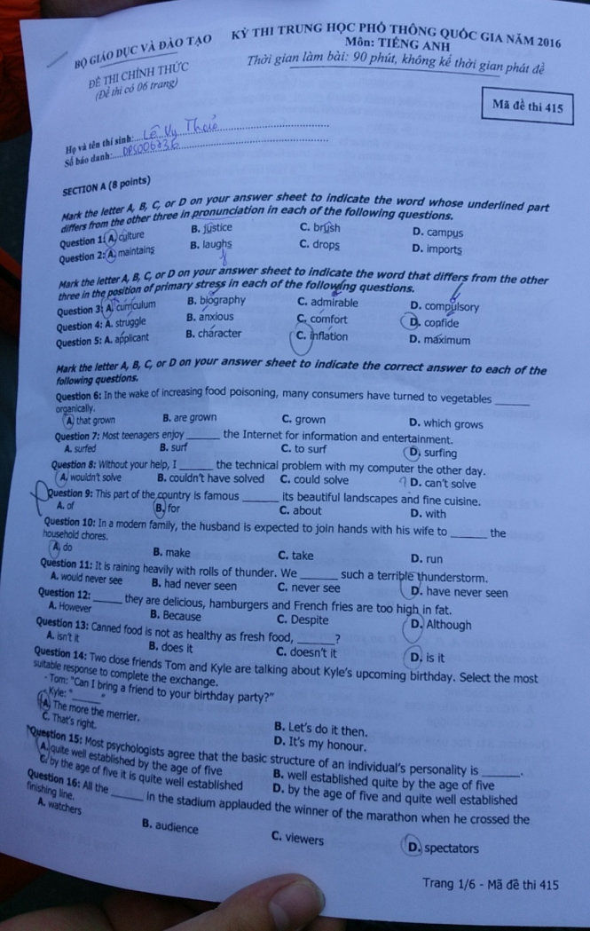 Đề thi ngoại ngữ THPT quốc gia 2016