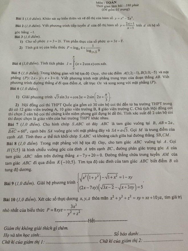 Đề thi thử môn Toán THPT Quốc gia tại Hà Nội