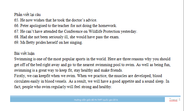 Đáp án đề thi tốt nghiệp môn Anh văn THPT quốc gia 2016