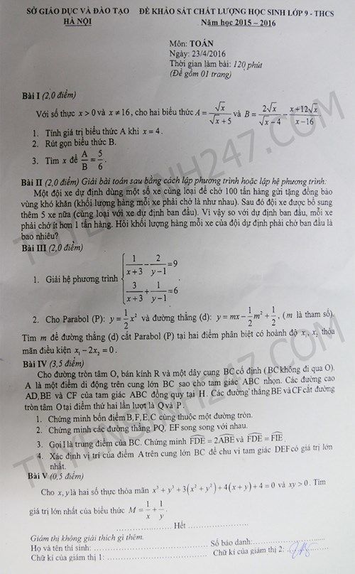 Đề và đáp án môn Toán thi thử vào lớp 10 ở Hà Nội Đề và đáp án môn Toán thi thử vào lớp 10 ở Hà Nội