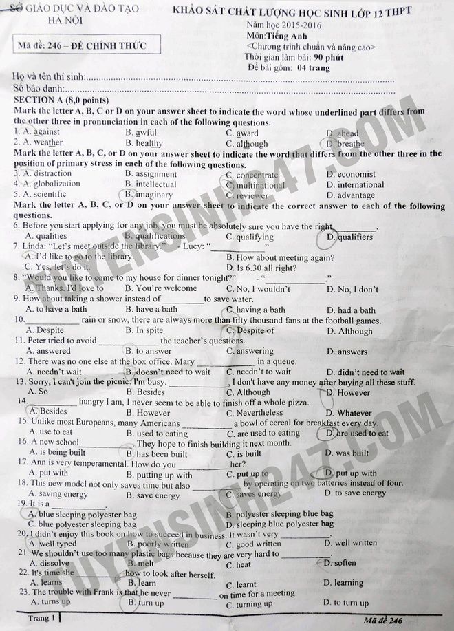 Đề và đáp án thi thử THPT quốc gia môn tiếng Anh của Hà Nội