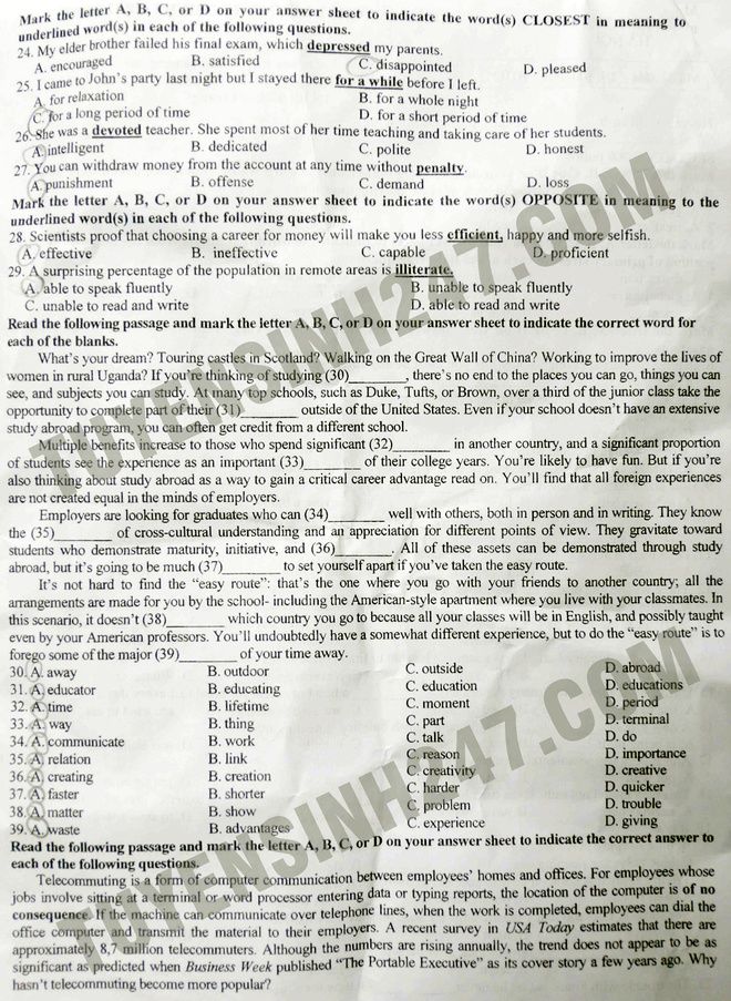 Đề và đáp án thi thử THPT quốc gia môn tiếng Anh của Hà Nội