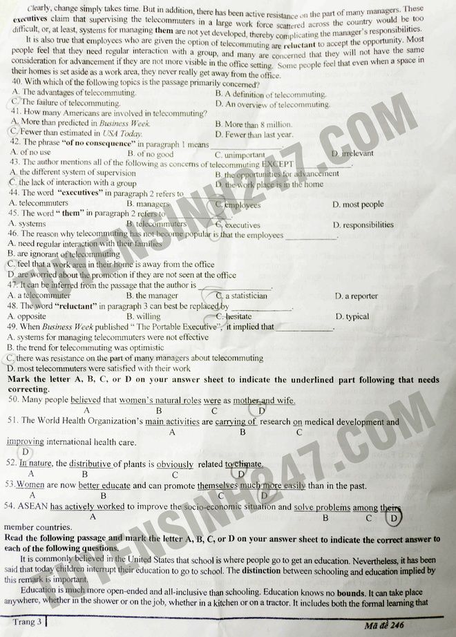 Đề và đáp án thi thử THPT quốc gia môn tiếng Anh của Hà Nội