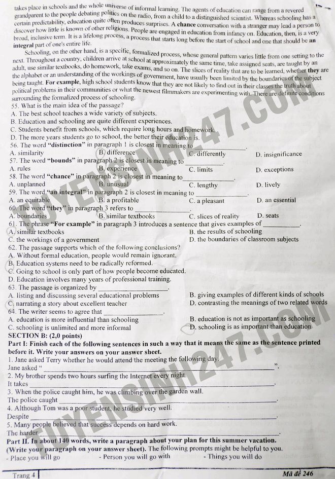 Đề và đáp án thi thử THPT quốc gia môn tiếng Anh của Hà Nội