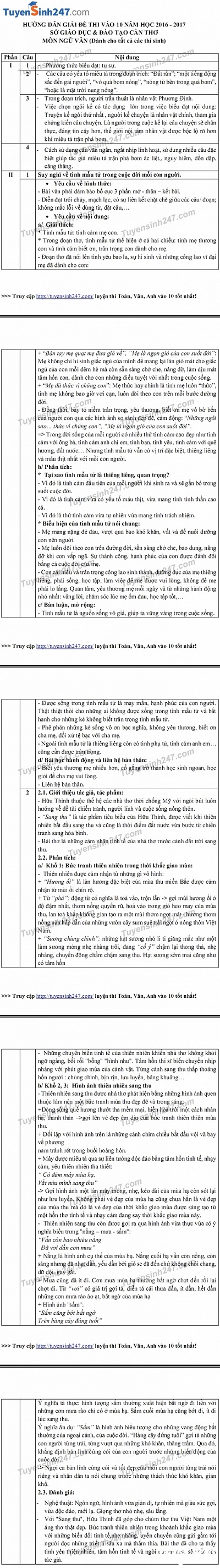 Đáp án môn Văn vào lớp 10 ở Cần Thơ