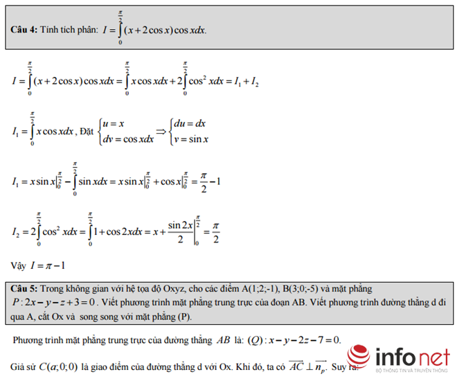 Hà Nội: Đáp án đề thi thử môn Toán THPT Quốc gia 2016 Hà Nội: Đáp án đề thi thử môn Toán THPT Quốc gia 2016