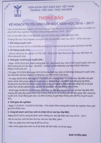 Kế hoạch tuyển sinh lớp 1 Trường tiểu học Thực nghiệm năm học 2016-2017