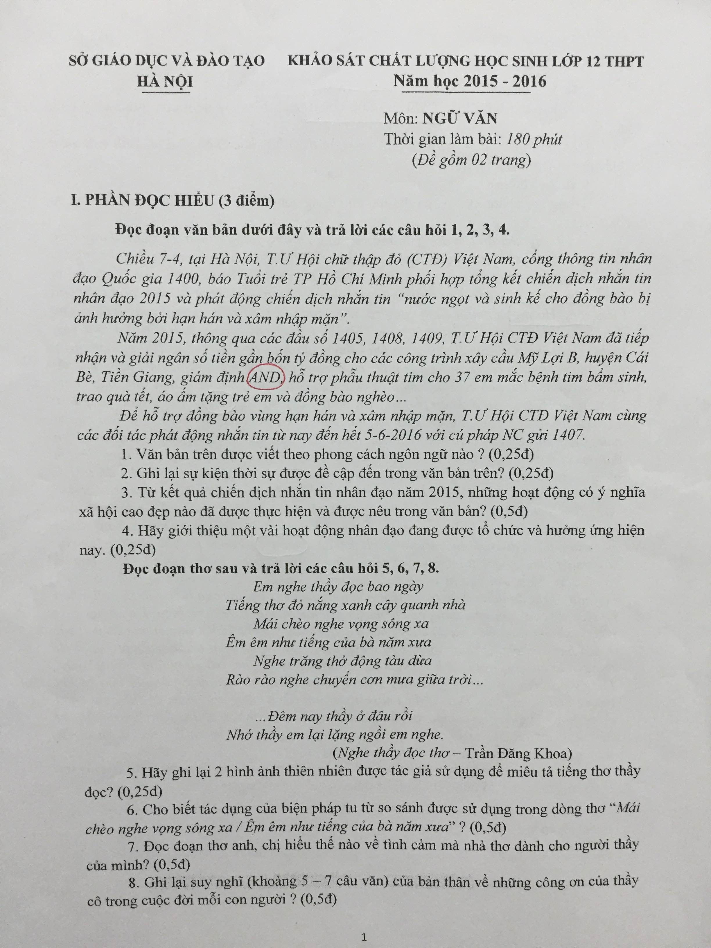 Khảo sát chất lượng THPT Hà Nội: Đề Văn sai 5 lỗi chính tả