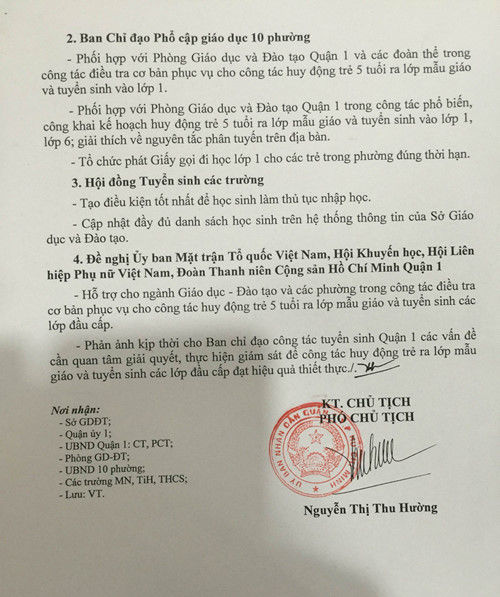 Quận 1 (TP.HCM) tuyển sinh lớp 1, lớp 6 năm 2016 như thế nào?